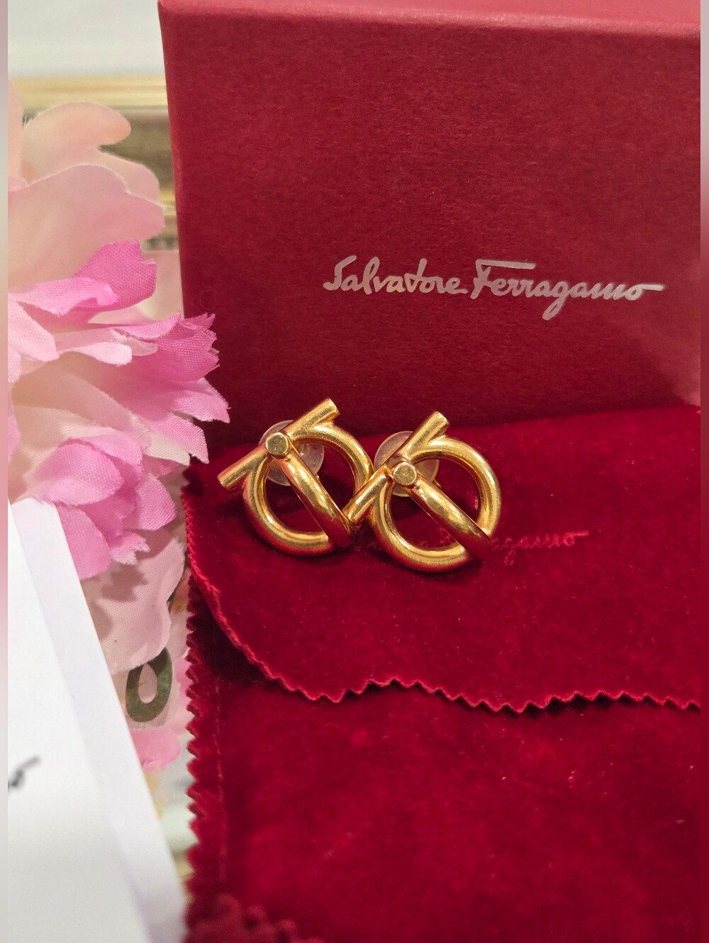 Salvatore Ferragamo 3D Gancini Gold Clip-On Earrings w/ Box